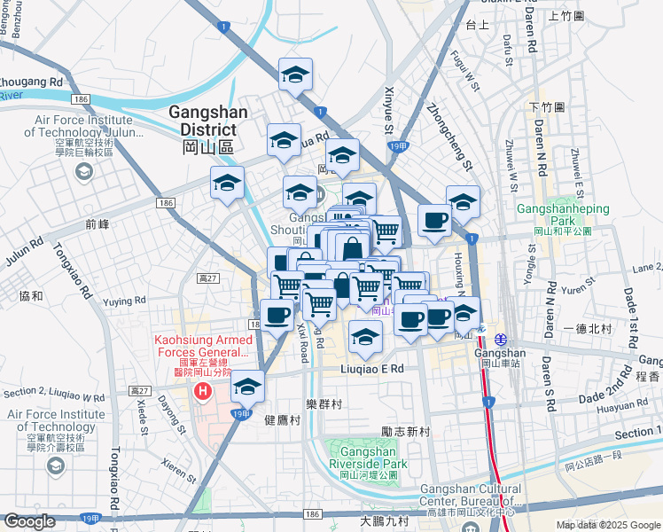 map of restaurants, bars, coffee shops, grocery stores, and more near 99 Shoutian Road in Gangshan District