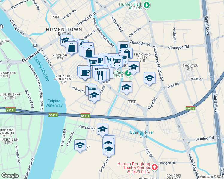 map of restaurants, bars, coffee shops, grocery stores, and more near Jin Zhou Lu in Dongguan Shi