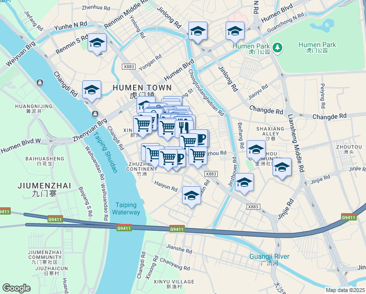 map of restaurants, bars, coffee shops, grocery stores, and more near Tai Sha Lu in Dong Guan Shi