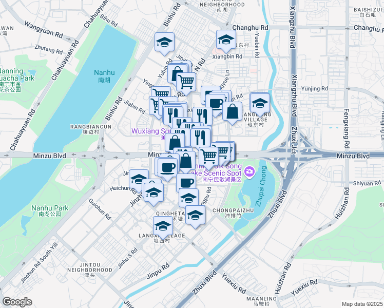 map of restaurants, bars, coffee shops, grocery stores, and more near Min Zu Da Dao in Nan Ning Shi