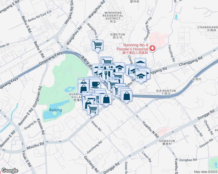 map of restaurants, bars, coffee shops, grocery stores, and more near Yuan Hu Bei Lu in Nan Ning Shi