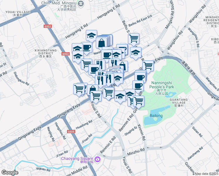 map of restaurants, bars, coffee shops, grocery stores, and more near Zhong Hua Lu in Nan Ning Shi