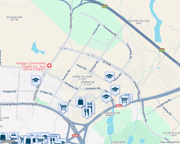 map of restaurants, bars, coffee shops, grocery stores, and more near Jin Chuan Lu in Nanning Shi