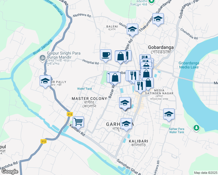 map of restaurants, bars, coffee shops, grocery stores, and more near BEd College Road in Gobardanga