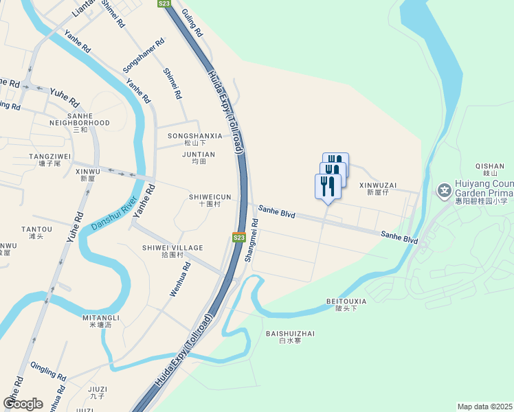 map of restaurants, bars, coffee shops, grocery stores, and more near San He Da Dao in Hui Zhou Shi