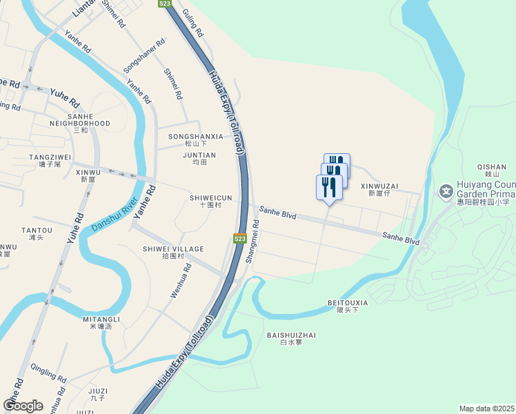 map of restaurants, bars, coffee shops, grocery stores, and more near San He Da Dao in Hui Zhou Shi