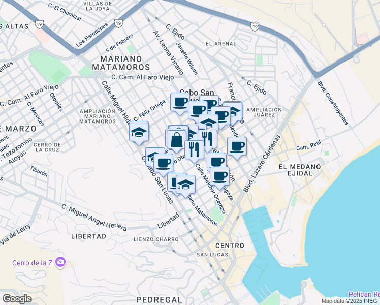 map of restaurants, bars, coffee shops, grocery stores, and more near 2710 Calle Melchor Ocampo in Cabo San Lucas