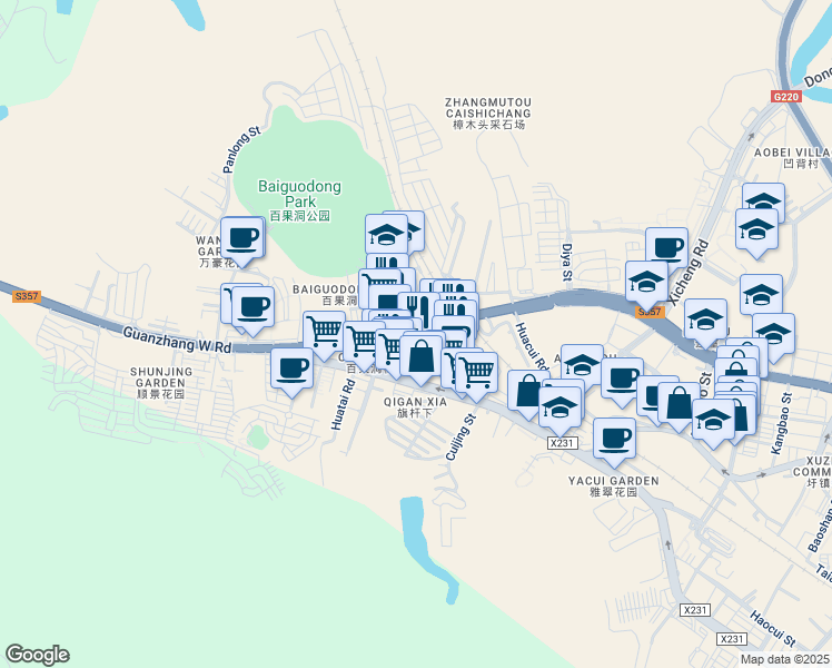 map of restaurants, bars, coffee shops, grocery stores, and more near Guan Zhang Xi Lu in Dong Guan Shi