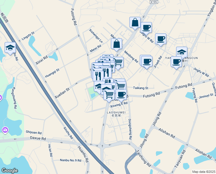 map of restaurants, bars, coffee shops, grocery stores, and more near Mei Jing Zhong Lu in Dong Guan Shi