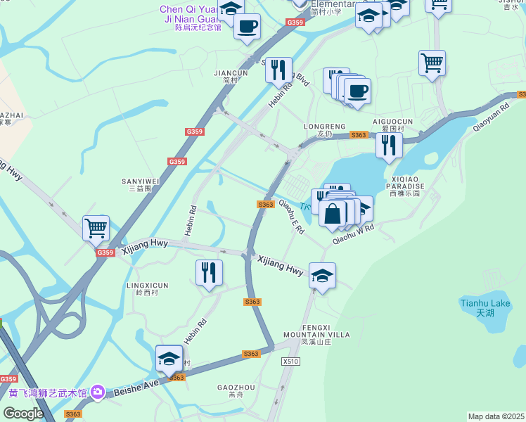map of restaurants, bars, coffee shops, grocery stores, and more near Jin Hu Da Dao in Fo Shan Shi