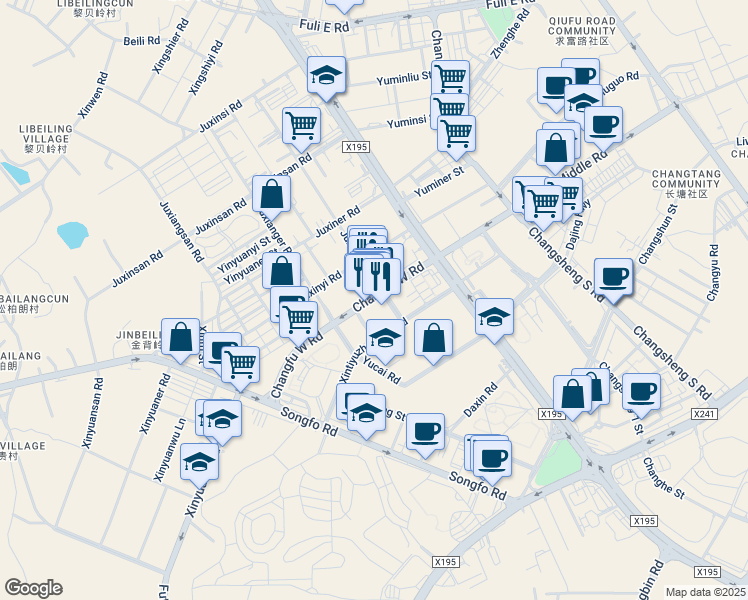 map of restaurants, bars, coffee shops, grocery stores, and more near Chang Fu Xi Lu in Dong Guan Shi