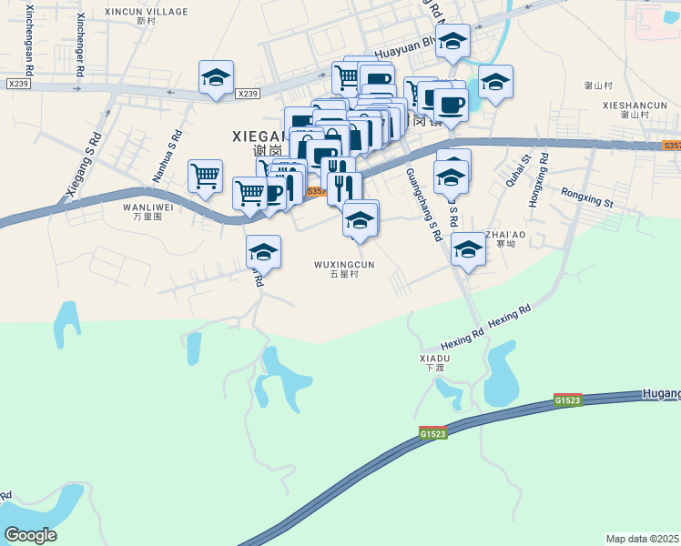 map of restaurants, bars, coffee shops, grocery stores, and more near Xin Xing Lu in Dong Guan Shi