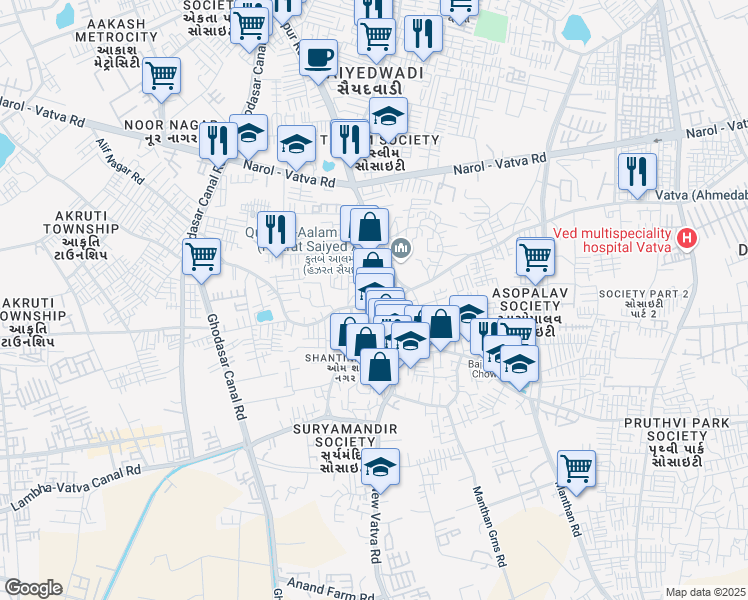 map of restaurants, bars, coffee shops, grocery stores, and more near Vatva Road in Ahmedabad