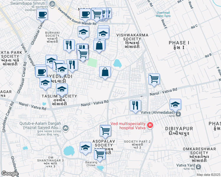 map of restaurants, bars, coffee shops, grocery stores, and more near Vatva Road in Ahmedabad