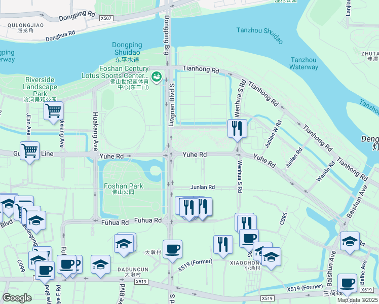 map of restaurants, bars, coffee shops, grocery stores, and more near Yu He Lu in Fo Shan Shi