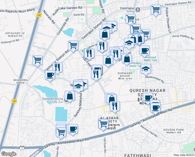 map of restaurants, bars, coffee shops, grocery stores, and more near in Ahmedabad
