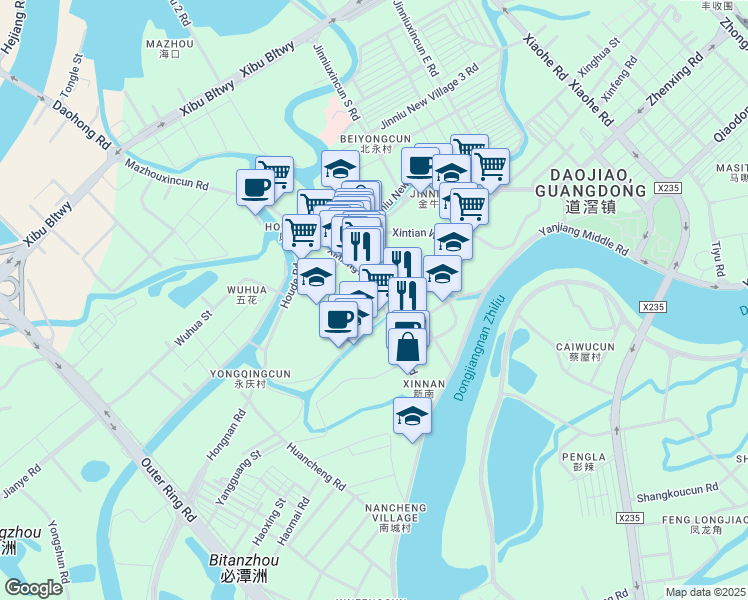 map of restaurants, bars, coffee shops, grocery stores, and more near Xin Xing Lu in Dong Guan Shi