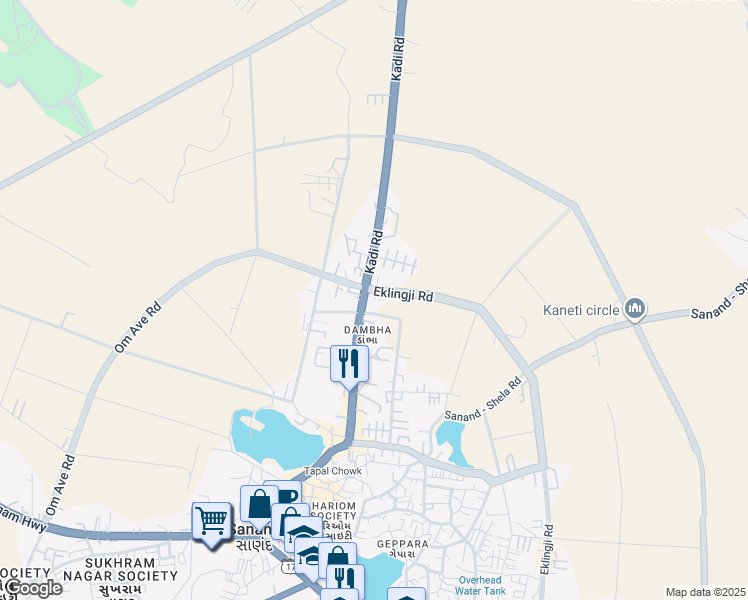map of restaurants, bars, coffee shops, grocery stores, and more near Gujarat State Highway 135 in Sanand