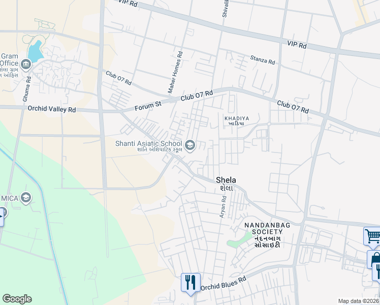 map of restaurants, bars, coffee shops, grocery stores, and more near Shela Road in Ahmedabad