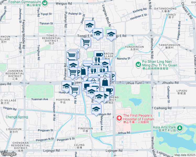 map of restaurants, bars, coffee shops, grocery stores, and more near Jihua 5th Road in Foshan Shi