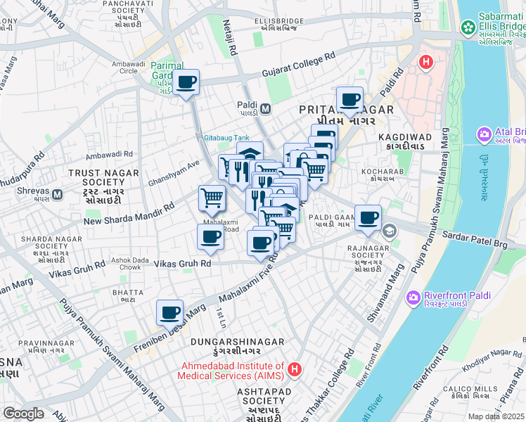 map of restaurants, bars, coffee shops, grocery stores, and more near in Ahmedabad