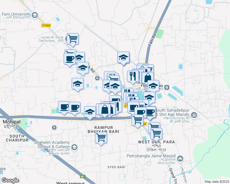 map of restaurants, bars, coffee shops, grocery stores, and more near Grand Trunk Road in Feni