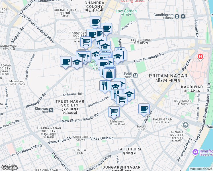 map of restaurants, bars, coffee shops, grocery stores, and more near Chimanlal Girdharlal Road in Ahmedabad