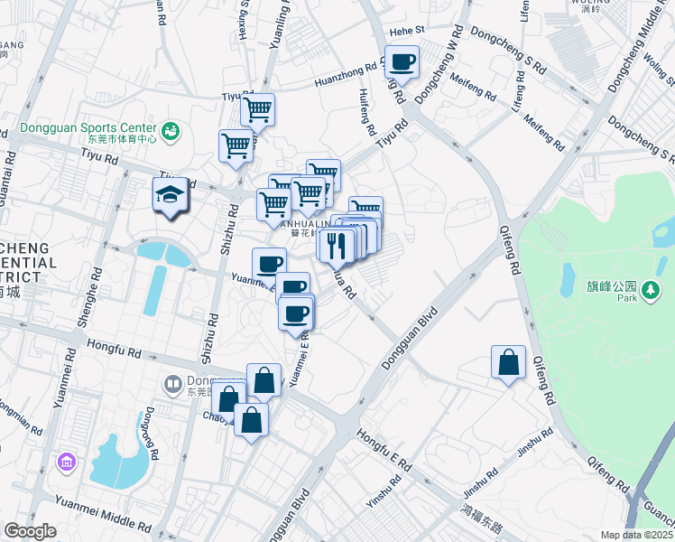 map of restaurants, bars, coffee shops, grocery stores, and more near Zan Hua Lu in Dong Guan Shi