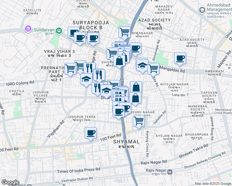 map of restaurants, bars, coffee shops, grocery stores, and more near Shivranjani Cross Road in Ahmedabad