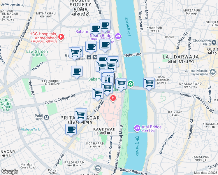 map of restaurants, bars, coffee shops, grocery stores, and more near in Ahmedabad