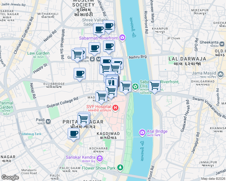 map of restaurants, bars, coffee shops, grocery stores, and more near in Ahmedabad