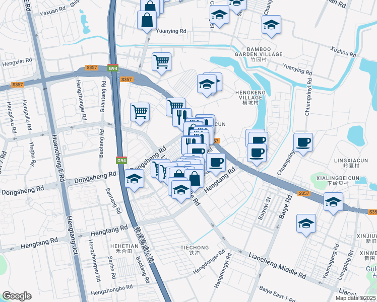 map of restaurants, bars, coffee shops, grocery stores, and more near Fu Yi Jie in Dong Guan Shi