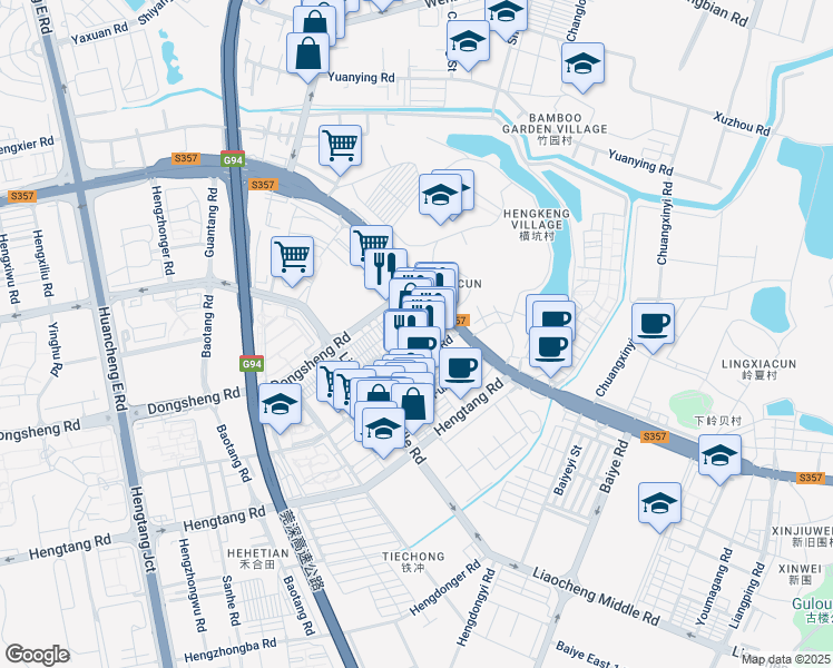 map of restaurants, bars, coffee shops, grocery stores, and more near Fu Yi Jie in Dong Guan Shi