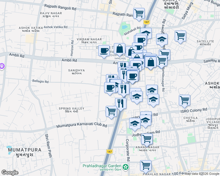 map of restaurants, bars, coffee shops, grocery stores, and more near Near Iskcon Cross Road in Ahmedabad