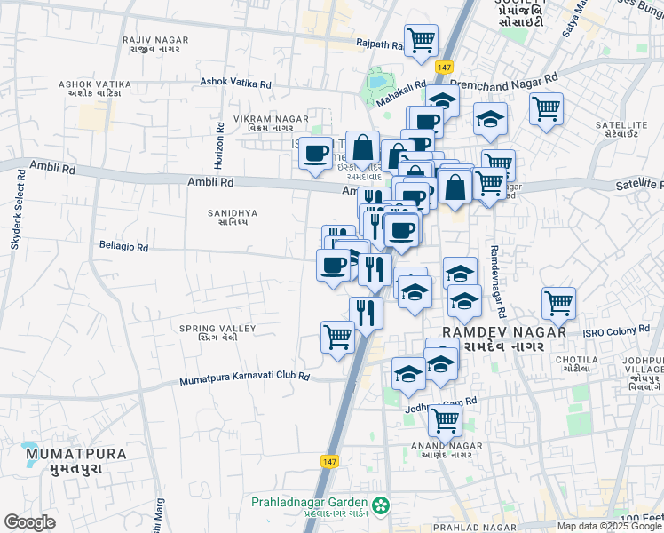 map of restaurants, bars, coffee shops, grocery stores, and more near Near Iskcon Cross Road in Ahmedabad