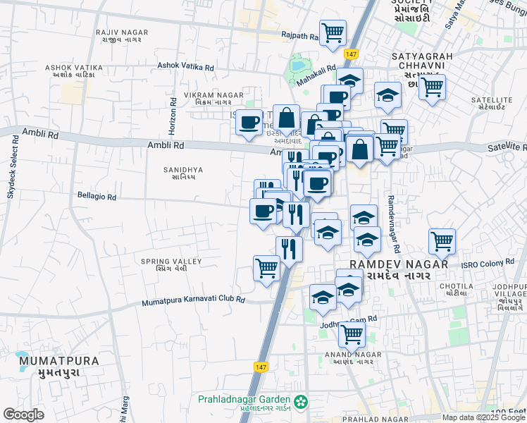 map of restaurants, bars, coffee shops, grocery stores, and more near Near Iskcon Cross Road in Ahmedabad