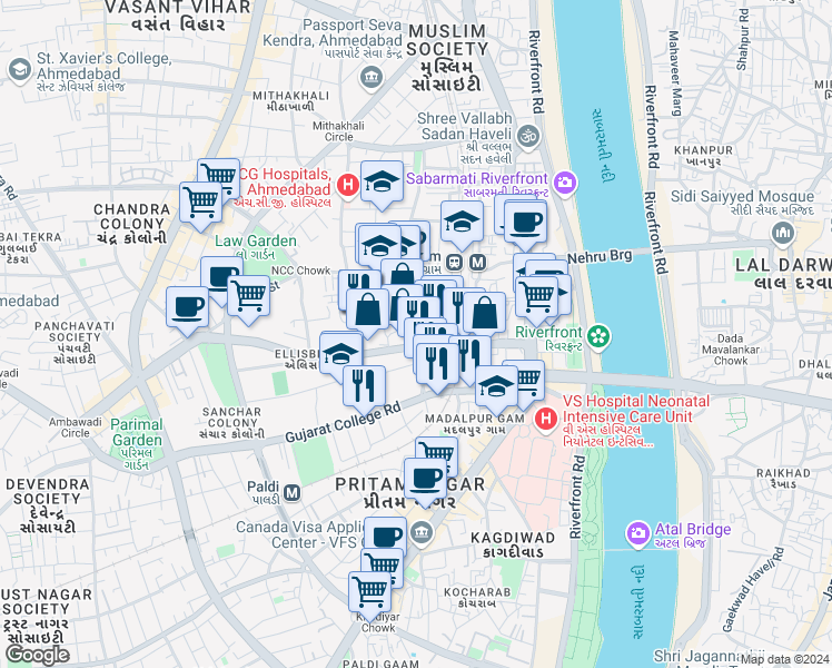 map of restaurants, bars, coffee shops, grocery stores, and more near in Ahmedabad