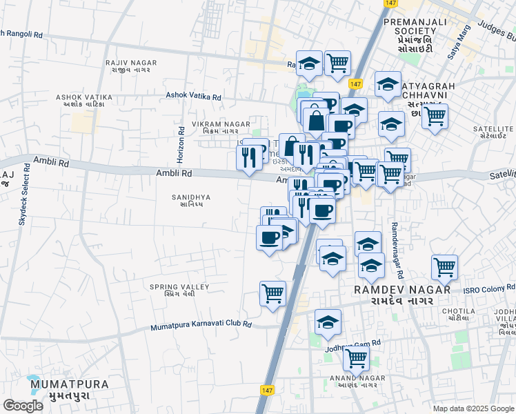 map of restaurants, bars, coffee shops, grocery stores, and more near Iskcon Cross Road in Ahmedabad