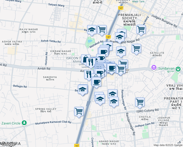 map of restaurants, bars, coffee shops, grocery stores, and more near Iskcon Cross Road in Ahmedabad