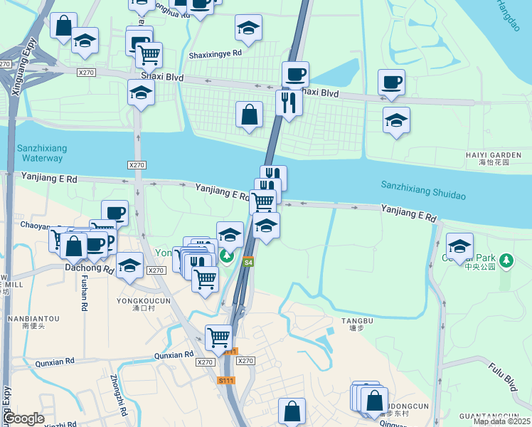 map of restaurants, bars, coffee shops, grocery stores, and more near 1 Panyu North Avenue in Guangzhou Shi