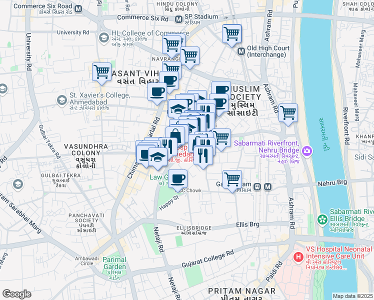 map of restaurants, bars, coffee shops, grocery stores, and more near Residence Netaji Road in Ahmedabad
