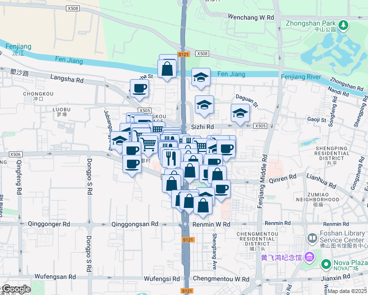 map of restaurants, bars, coffee shops, grocery stores, and more near Foshan North Avenue in Foshan