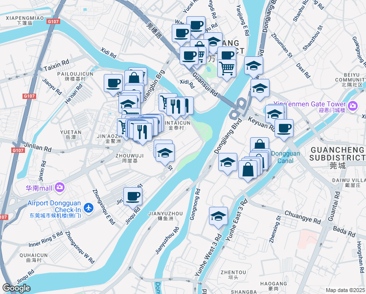 map of restaurants, bars, coffee shops, grocery stores, and more near Jin Tai Ruan He Tang Yi Xiang in Dongguan Shi