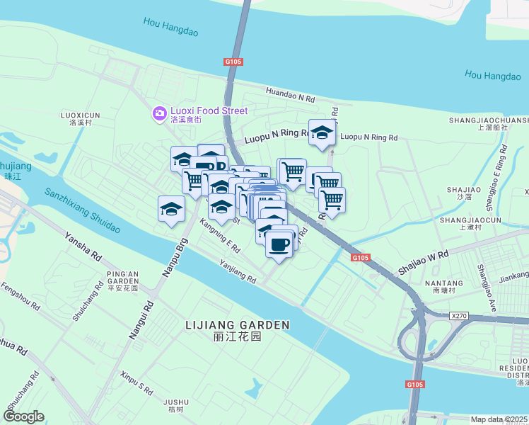 map of restaurants, bars, coffee shops, grocery stores, and more near 95 Ji Xiang Bei Jie in Guang Zhou Shi