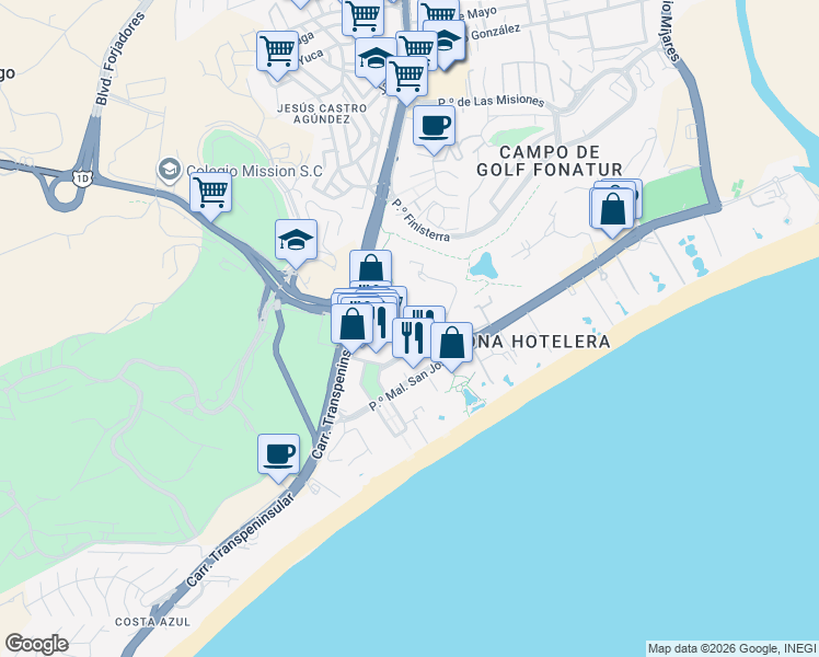 map of restaurants, bars, coffee shops, grocery stores, and more near Paseo de Los Cabos in San José del Cabo
