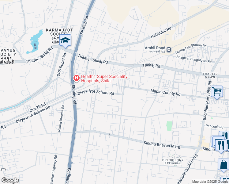 map of restaurants, bars, coffee shops, grocery stores, and more near Sindhubhavan Road in Ahmedabad