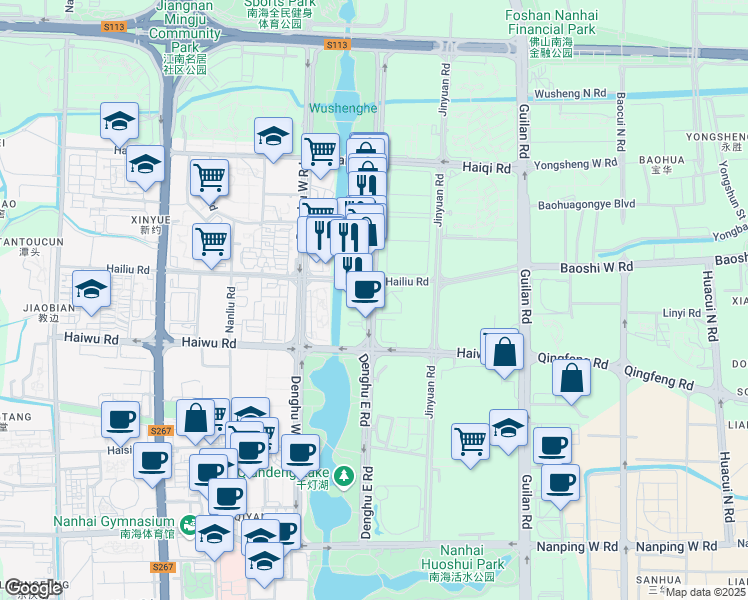 map of restaurants, bars, coffee shops, grocery stores, and more near Deng Hu Dong Lu in Fo Shan Shi