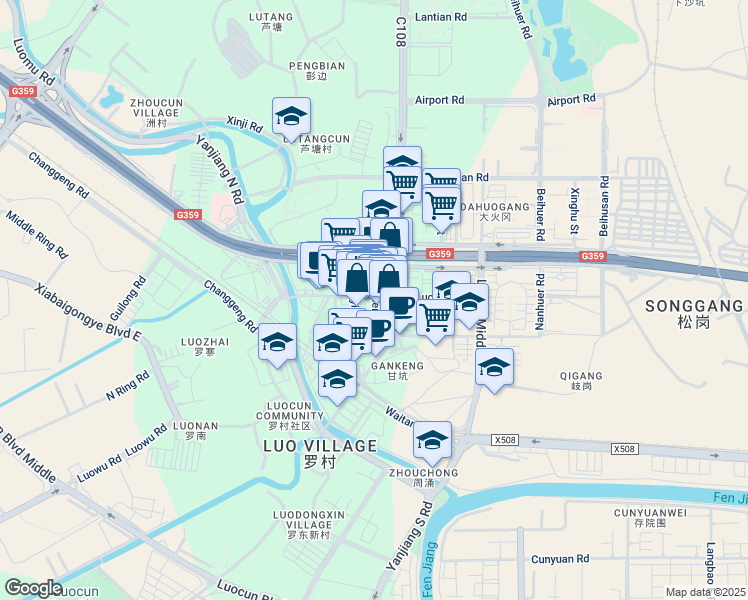 map of restaurants, bars, coffee shops, grocery stores, and more near Xin Hu Er Lu in Fo Shan Shi
