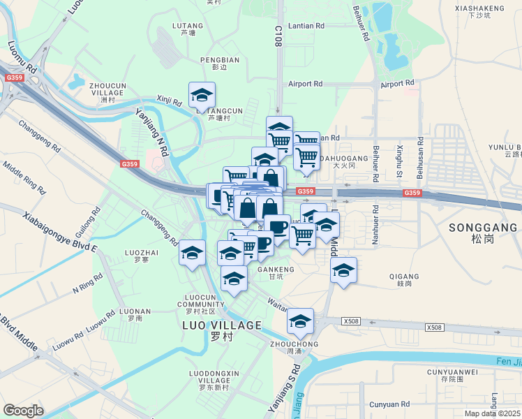 map of restaurants, bars, coffee shops, grocery stores, and more near Xin Hu Er Lu in Fo Shan Shi