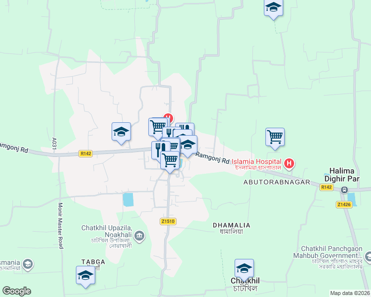 map of restaurants, bars, coffee shops, grocery stores, and more near Maijdi - Ramgonj Road in Chatkhil